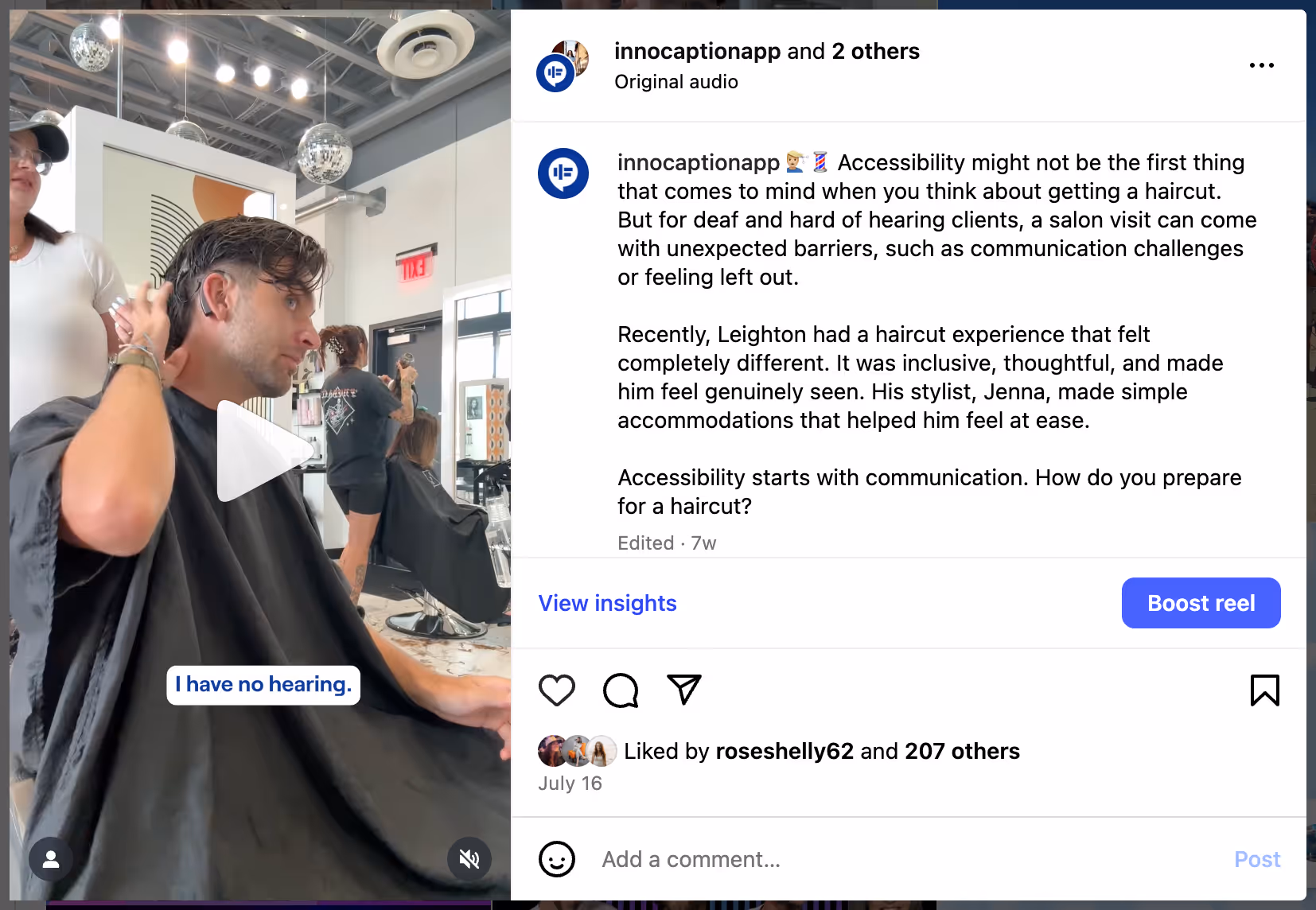 Instagram post by InnoCaption showing Leighton, a deaf client, receiving a haircut while sharing his accessibility experience. Text overlay reads: “I have no hearing.”