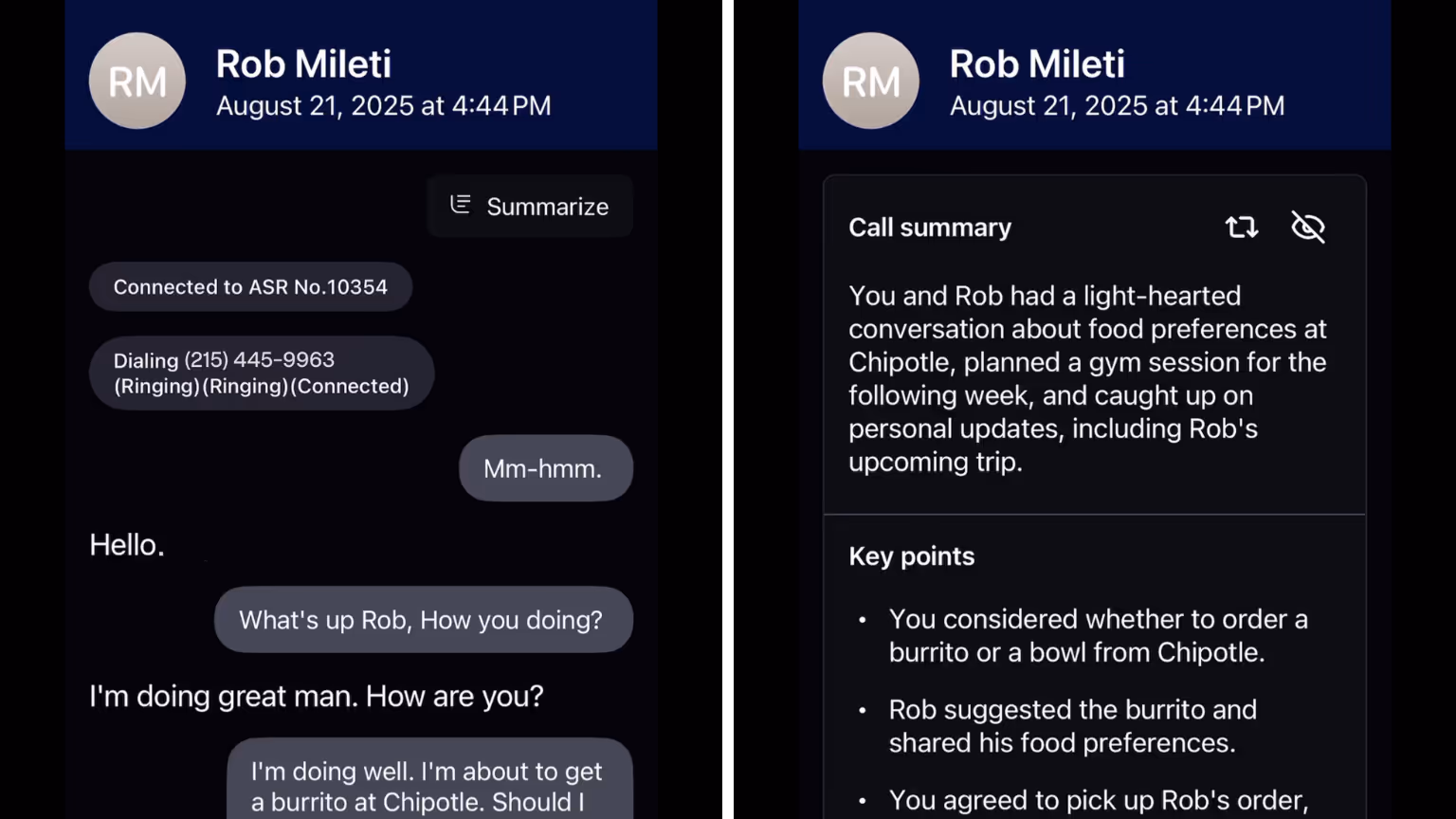 Side-by-side screenshots of the InnoCaption app. On the left, a call transcript with the “Summarize” button visible at the top. On the right, the same transcript now showing an AI-generated “Call summary” at the top, with a short overview and bulleted key points from the conversation.