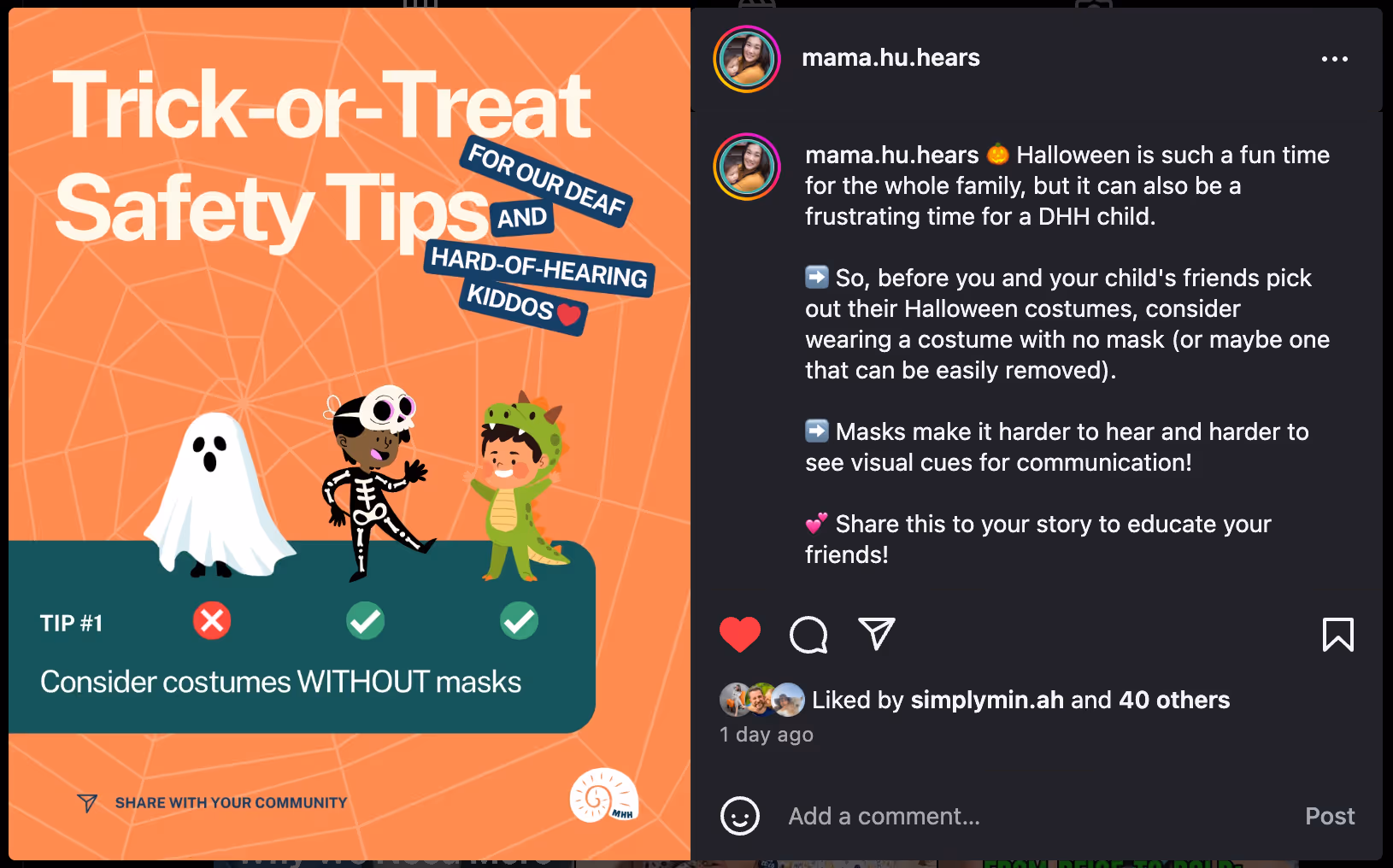 A social media post from “mama.hu.hears” shares Halloween safety tips for Deaf and Hard-of-Hearing children, encouraging costumes without masks for easier communication.