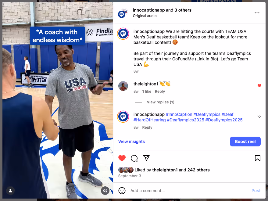 A Team USA Deaf Basketball coach smiles and talks to a player during practice on an indoor court. He wears a gray USA Basketball shirt. The InnoCaption Instagram post caption promotes the team’s Deaflympics journey and support link.