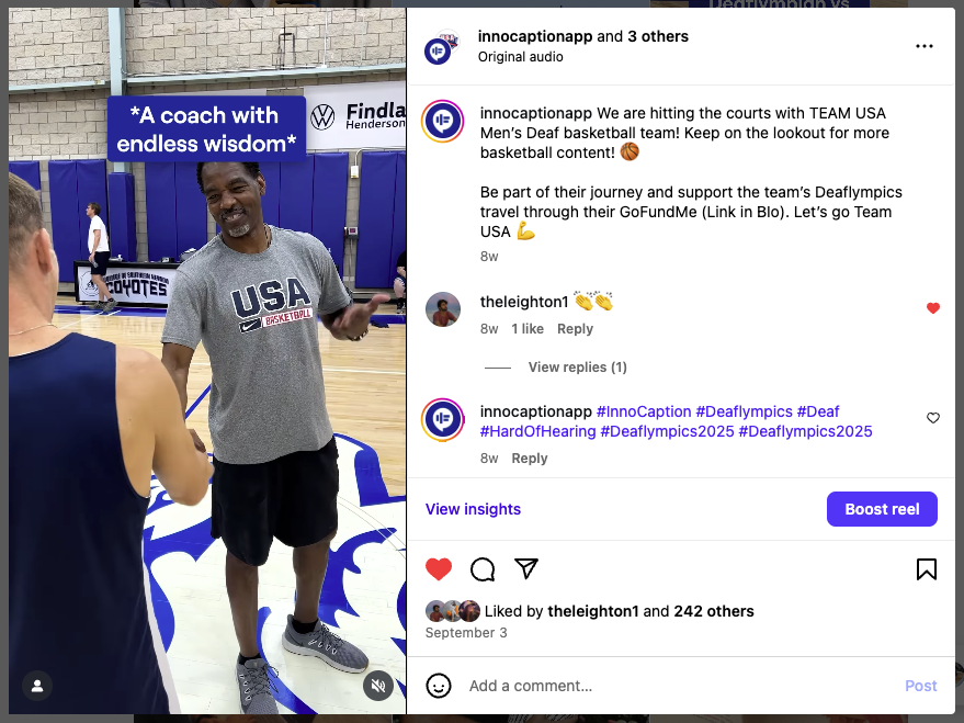A Team USA Deaf Basketball coach smiles and talks to a player during practice on an indoor court. He wears a gray USA Basketball shirt. The InnoCaption Instagram post caption promotes the team’s Deaflympics journey and support link.