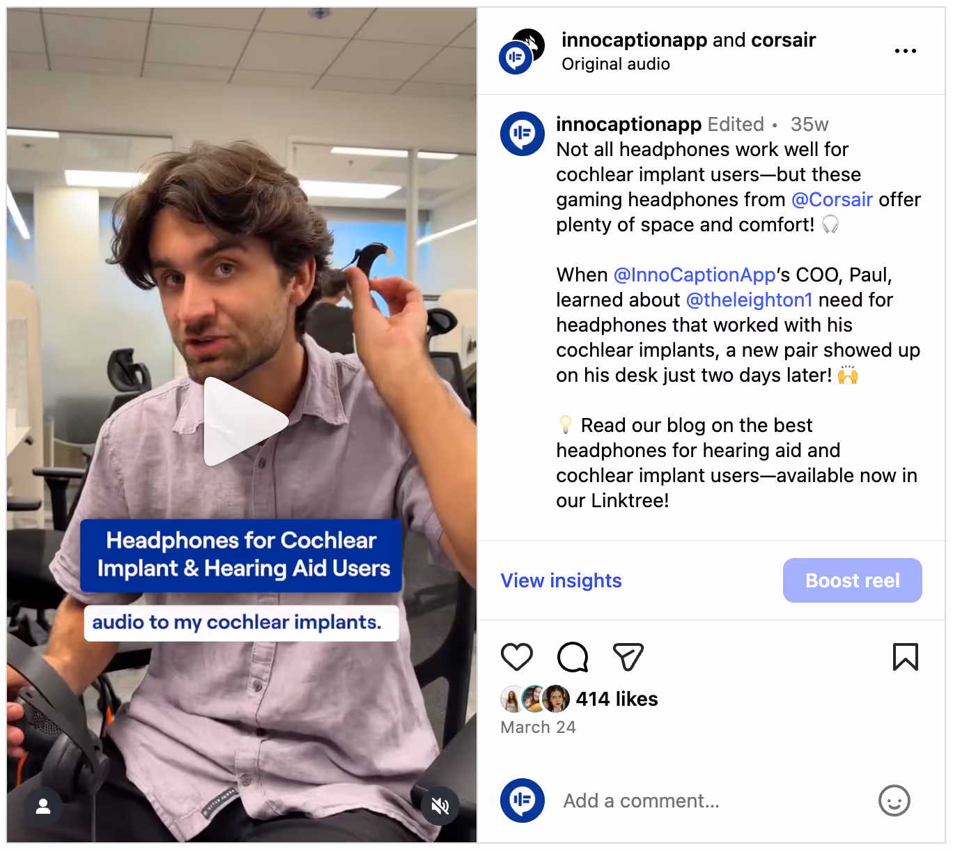 A young man with medium-length wavy hair sits in an office setting, holding a pair of large over-ear gaming headphones. He lifts one side of his hair to show a cochlear implant processor behind his ear. On-screen text reads “Headphones for Cochlear Implant & Hearing Aid Users.” The Instagram caption beside the video explains that certain headphones offer more space and comfort for cochlear implant users and highlights a story about finding the right pair.