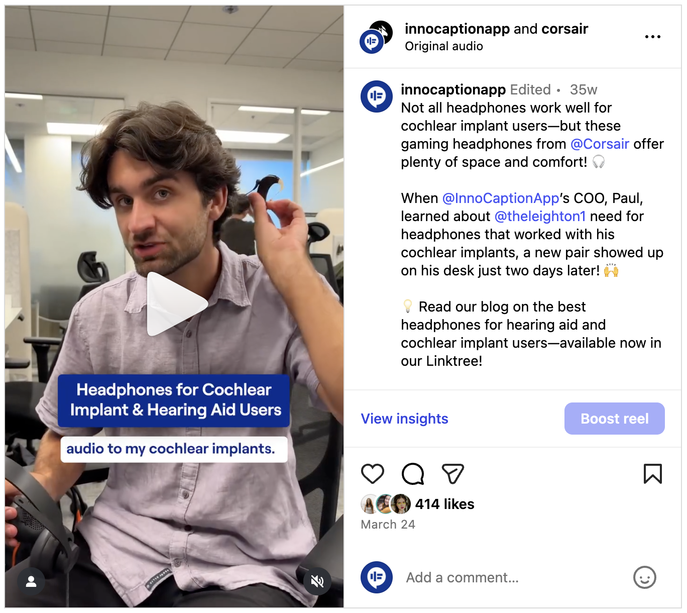 A young man with medium-length wavy hair sits in an office setting, holding a pair of large over-ear gaming headphones. He lifts one side of his hair to show a cochlear implant processor behind his ear. On-screen text reads “Headphones for Cochlear Implant & Hearing Aid Users.” The Instagram caption beside the video explains that certain headphones offer more space and comfort for cochlear implant users and highlights a story about finding the right pair.