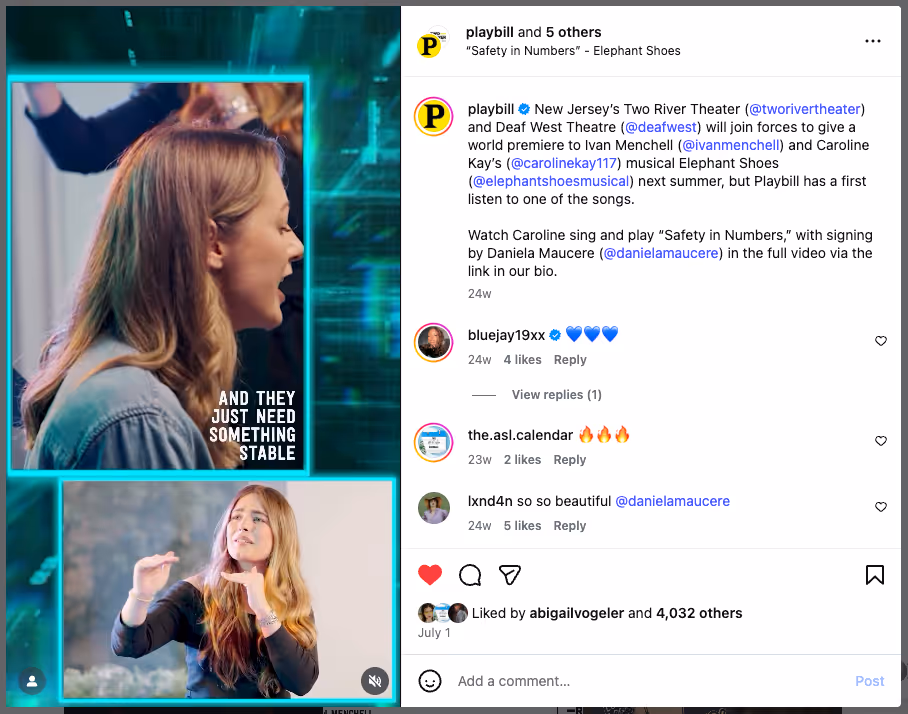 A split-screen Instagram post from Playbill shows two images of a performer: the top image features a woman singing in profile with the on-screen caption “AND THEY JUST NEED SOMETHING STABLE.” The bottom image shows a Deaf signer interpreting the song in American Sign Language against an outdoor backdrop. The caption beside the post announces a collaboration between Two River Theater and Deaf West Theatre for the upcoming musical Elephant Shoes, highlighting that the video features ASL interpretation by Daniela Mauceri.