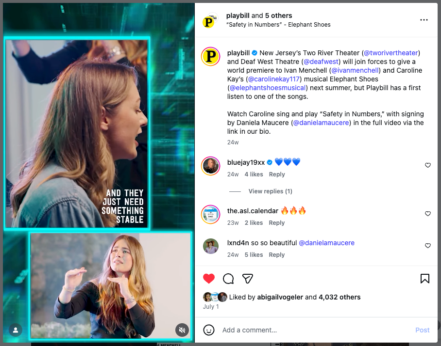 A split-screen Instagram post from Playbill shows two images of a performer: the top image features a woman singing in profile with the on-screen caption “AND THEY JUST NEED SOMETHING STABLE.” The bottom image shows a Deaf signer interpreting the song in American Sign Language against an outdoor backdrop. The caption beside the post announces a collaboration between Two River Theater and Deaf West Theatre for the upcoming musical Elephant Shoes, highlighting that the video features ASL interpretation by Daniela Mauceri.