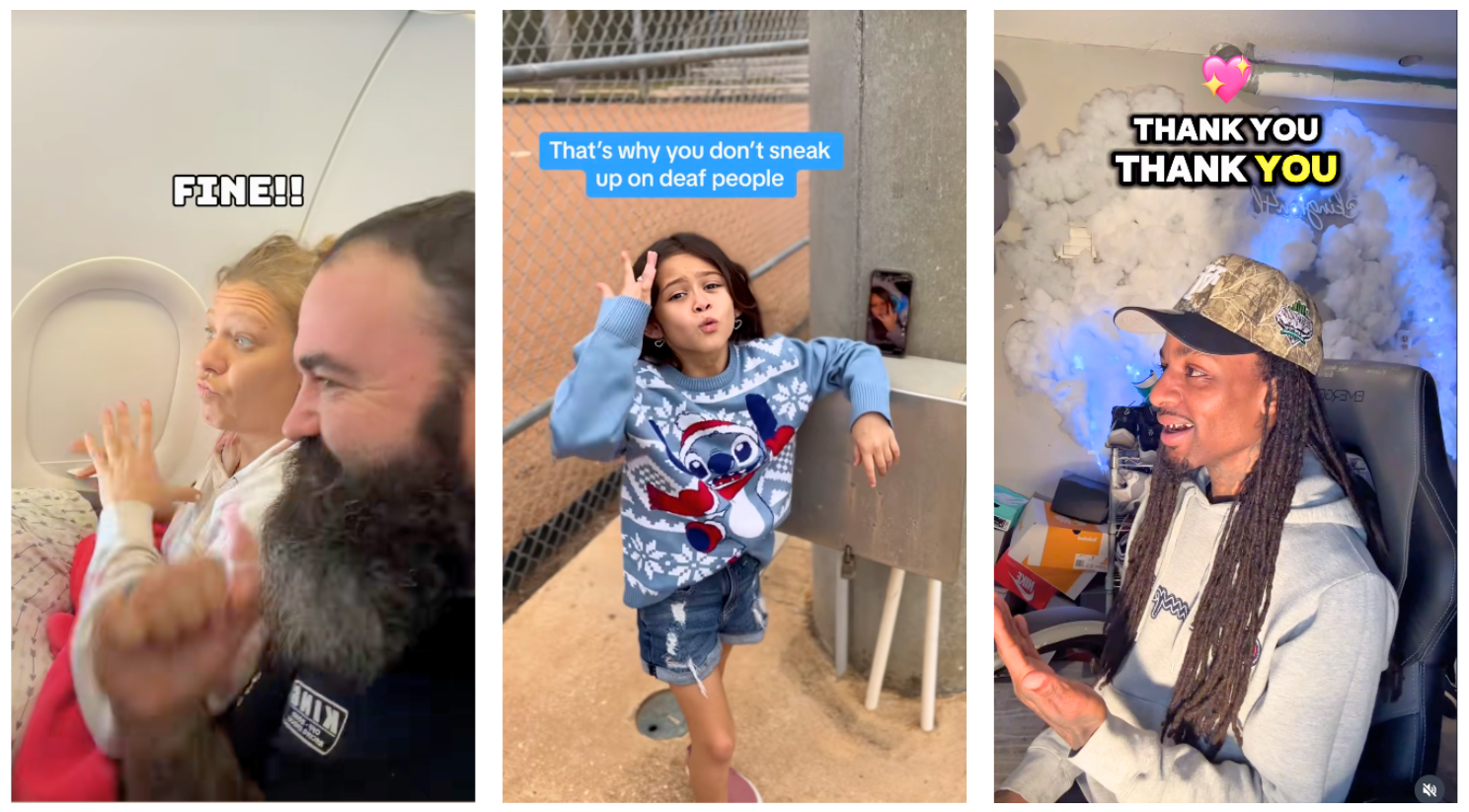 A three-panel collage featuring Deaf ASL creators signing in everyday moments: a couple signing playfully on an airplane, a child signing expressively near a sports field, and a man signing in a home studio with soft lighting behind him.