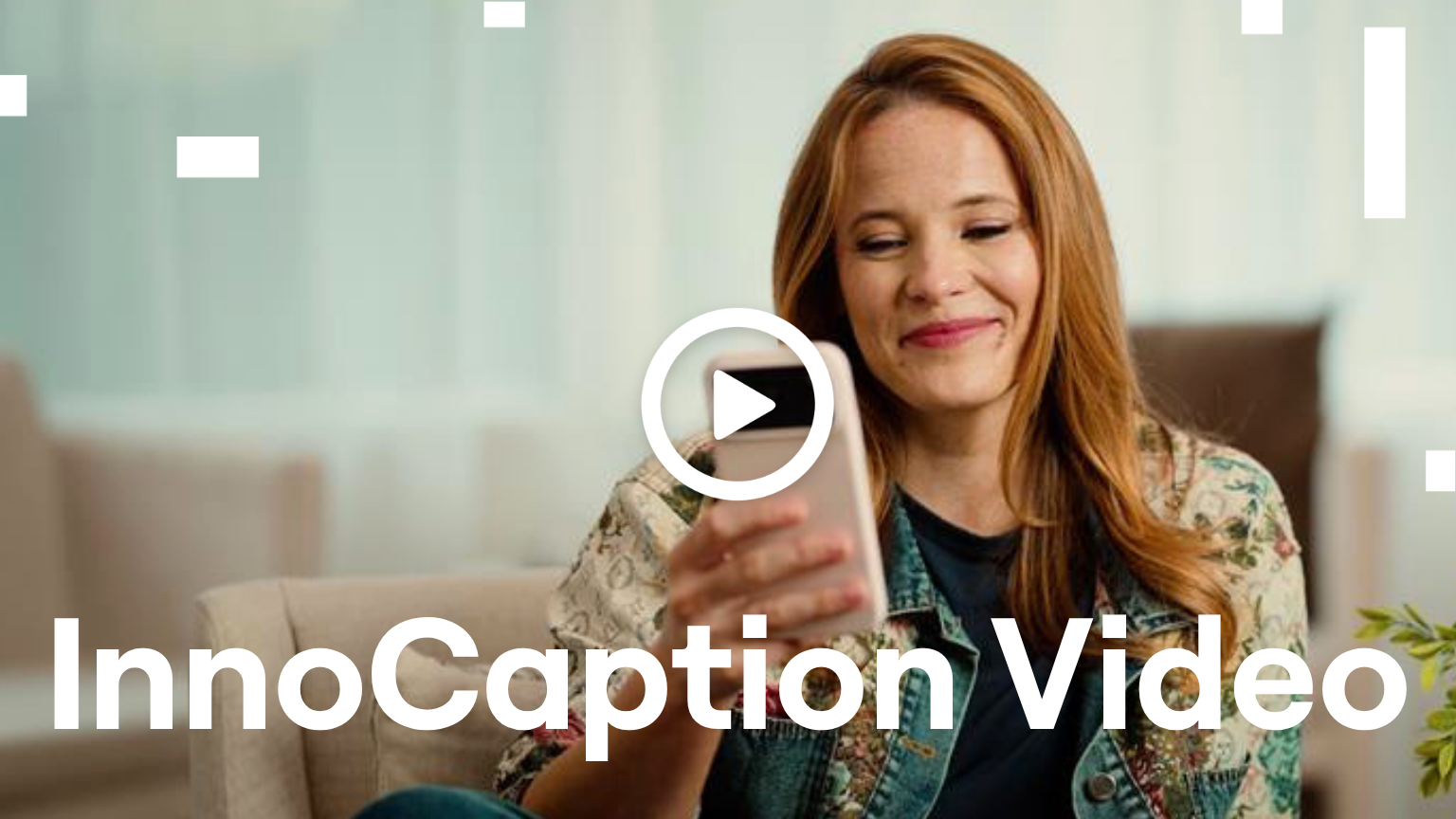 Actress Katie Leclerc uses InnoCaption Video app on her phone, demonstrating video calling with real-time captions for Deaf and Hard of Hearing communication.