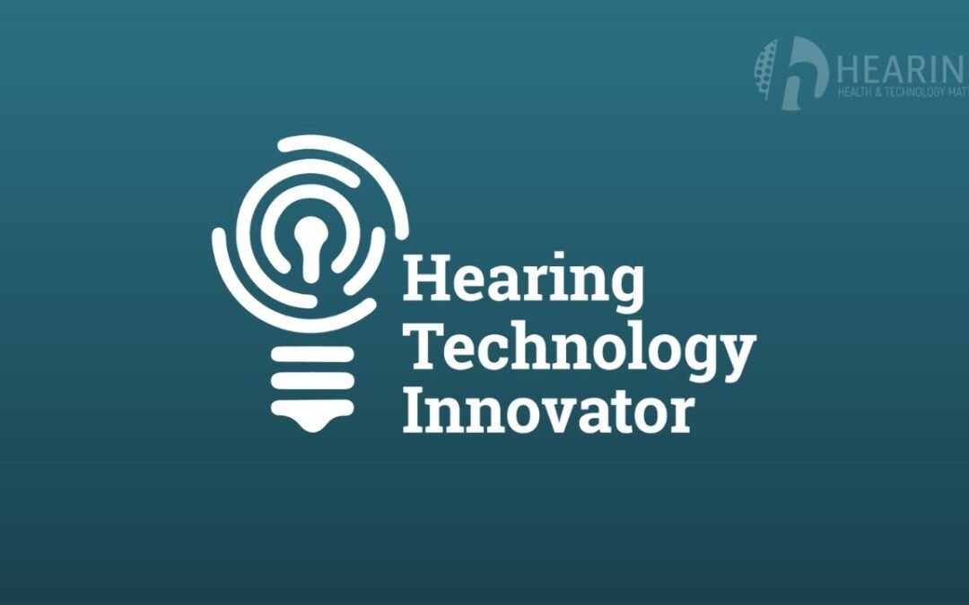 The "Hearing Technology Innovator" logo in white text on a teal background, featuring an icon of a lightbulb shaped from concentric lines resembling sound waves. A small, faded "Hearing Health & Technology Matters" logo is in the top right corner.