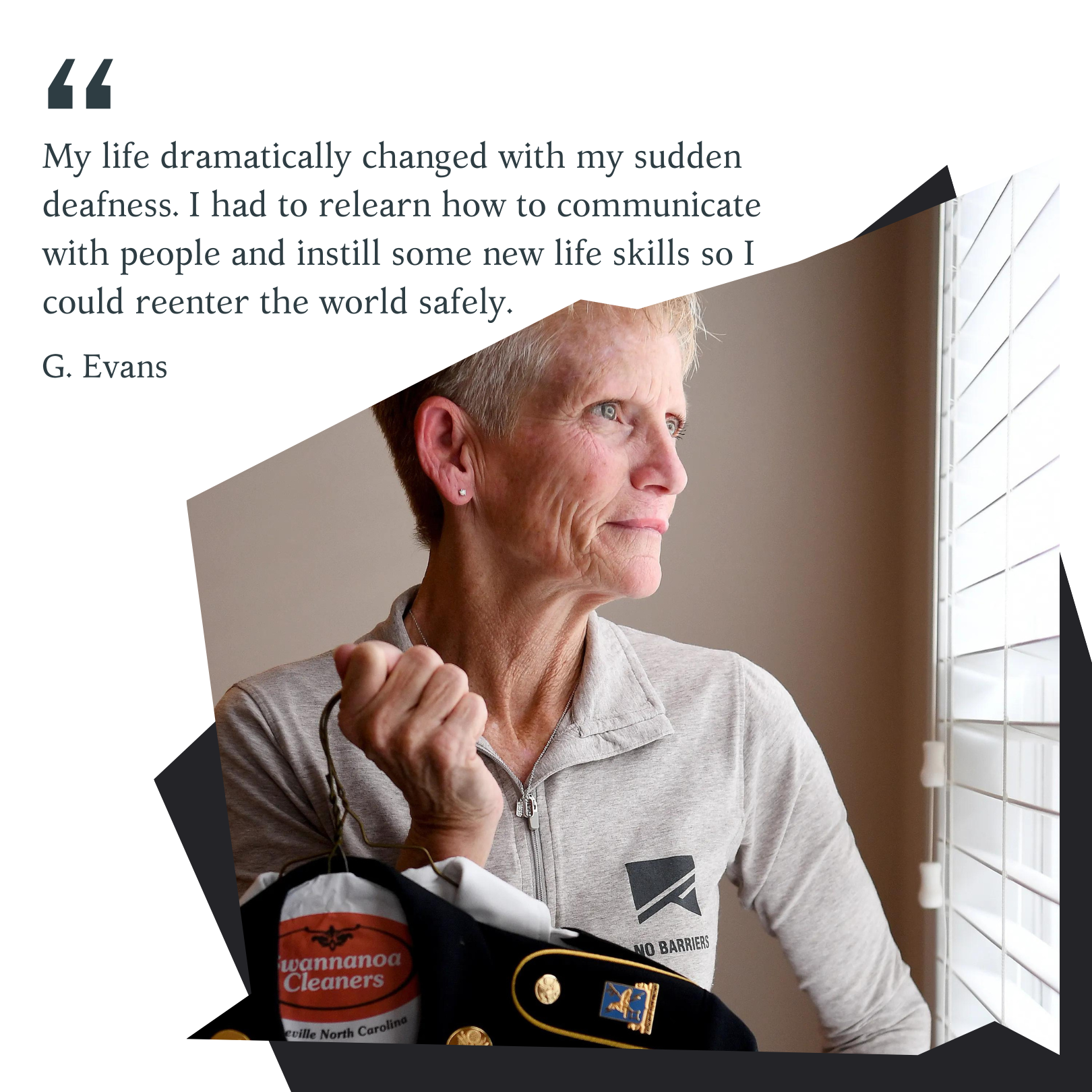 An InnoCaption graphic featuring a photo of Gretchen Evans looking out a window while holding a military uniform jacket. The text overlay quote reads: "My life dramatically changed with my sudden deafness. I had to relearn how to communicate with people and instill some new life skills so I could reenter the world safely." Attributed to G. Evans.
