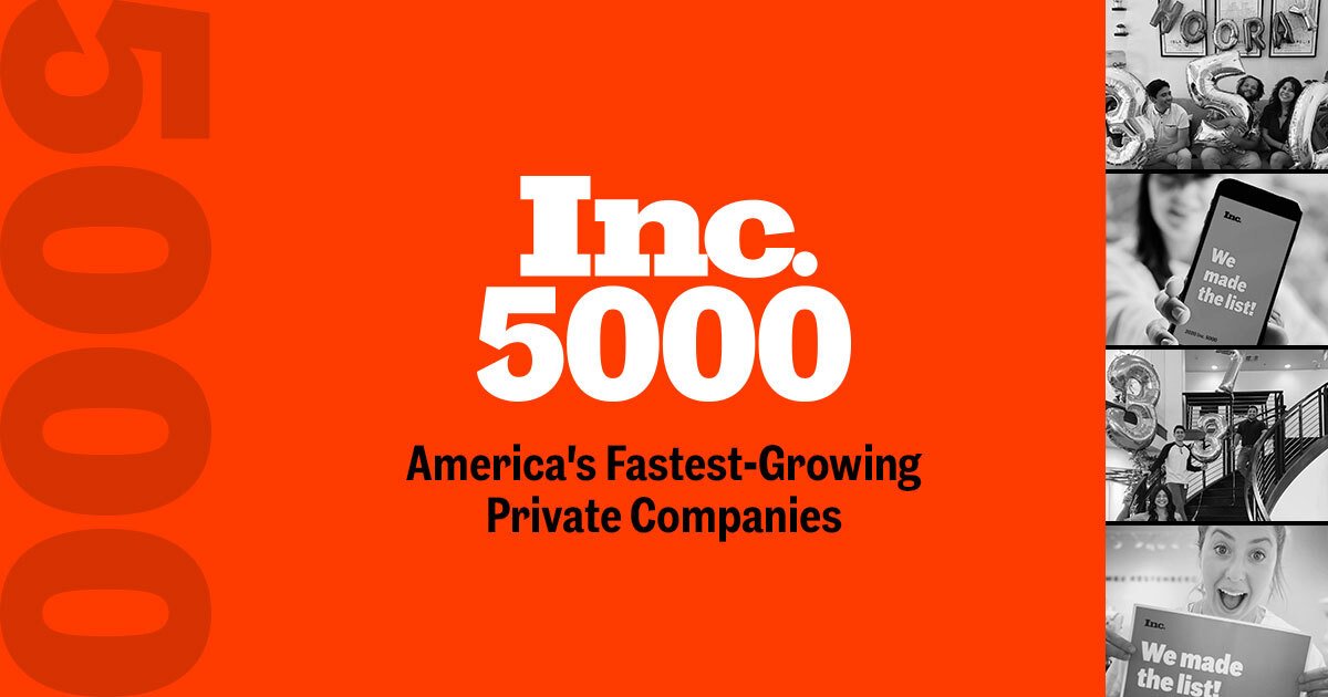 An orange corporate banner featuring the white "Inc. 5000" logo and black text reading "America's Fastest-Growing Private Companies." The right side features a vertical collage of four black-and-white photos showing people celebrating with balloons and signs that say "We made the list!"