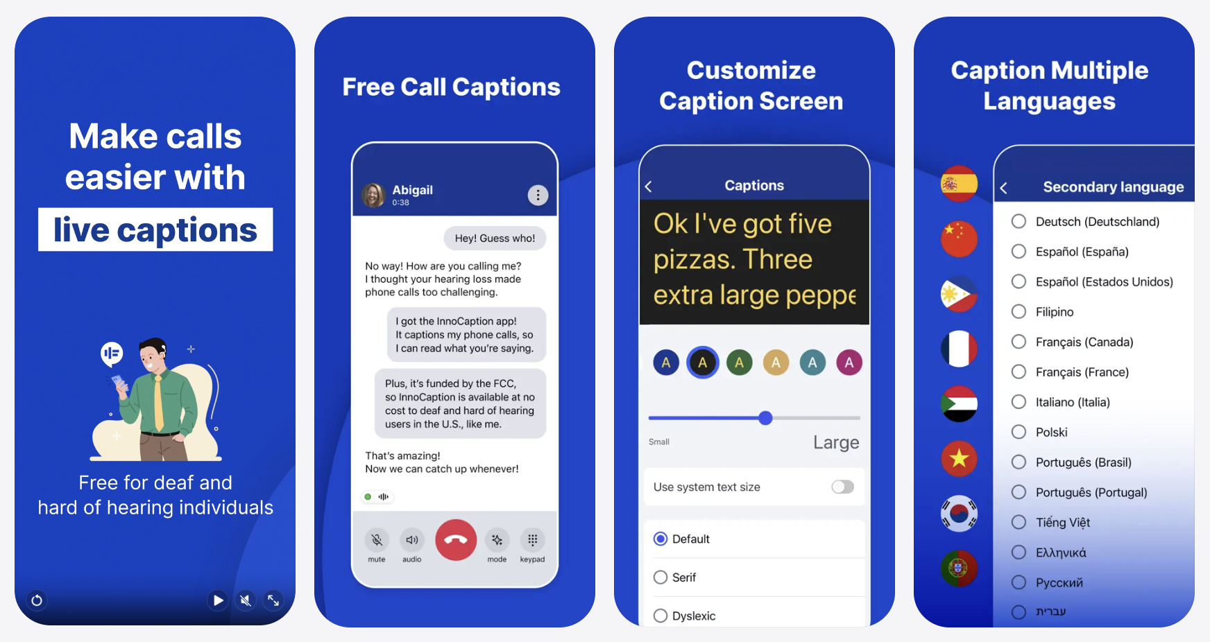 Four blue app store preview panels for InnoCaption show live captioning features for phone calls. The panels highlight easier calls with live captions, free call captions, caption screen customization, and multiple caption language options for Deaf and Hard of Hearing individuals.