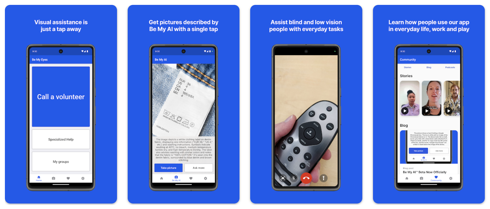Four blue app store preview panels for Be My Eyes show smartphone screens highlighting visual assistance features, including calling a volunteer, using Be My AI to describe an image, getting help with everyday tasks through a live video call, and exploring community stories, blog posts, and podcasts.
