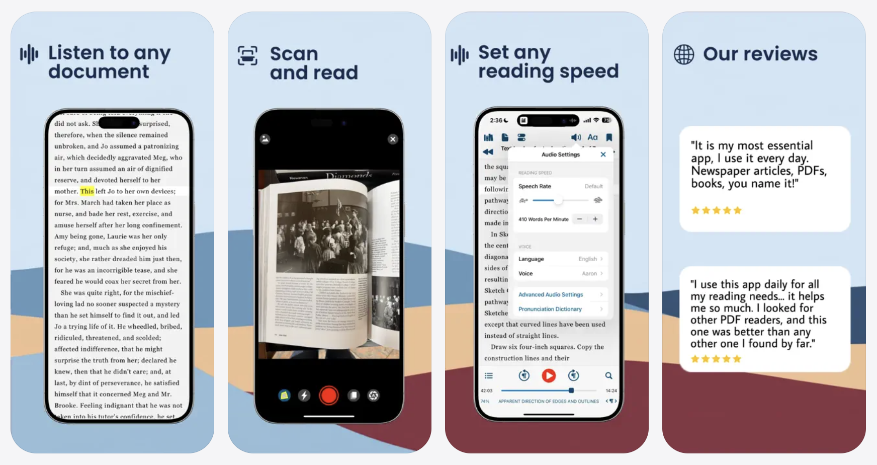 Four app store preview panels with light blue backgrounds show reading accessibility features on smartphone screens. The panels highlight listening to documents, scanning and reading printed pages, setting a custom reading speed, and viewing user reviews about daily reading support.