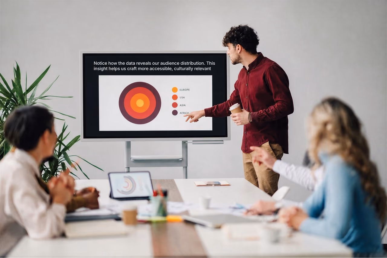 A man presents a chart of audience distribution by region to colleagues around a conference table. Live captions of what he is saying appear across the top of the display screen.