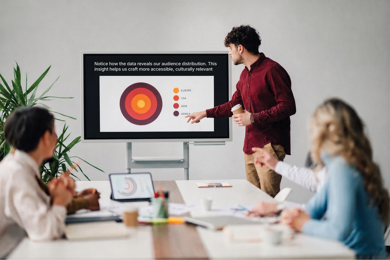 A man presents a chart of audience distribution by region to colleagues around a conference table. Live captions of what he is saying appear across the top of the display screen.