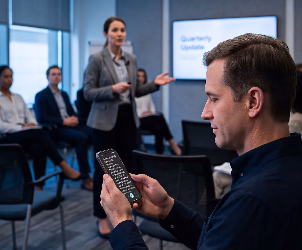 A man sits in a conference room during a presentation, reading live captions of the speaker's words on his phone. A woman presents in front of a screen labeled "Quarterly Update" while other colleagues listen.