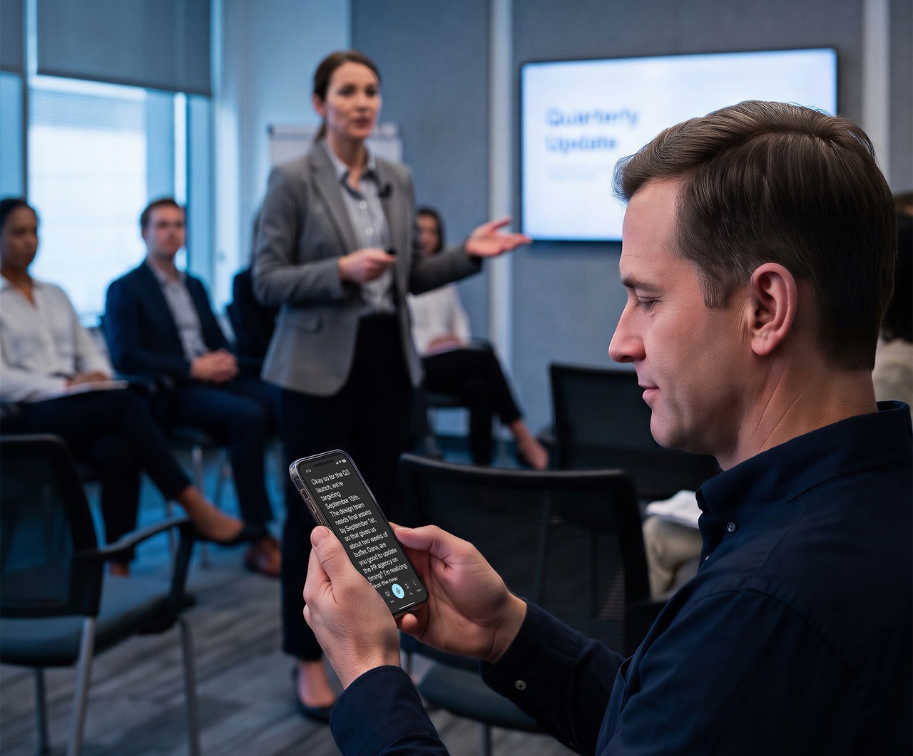 A man sits in a conference room during a presentation, reading live captions of the speaker's words on his phone. A woman presents in front of a screen labeled "Quarterly Update" while other colleagues listen.