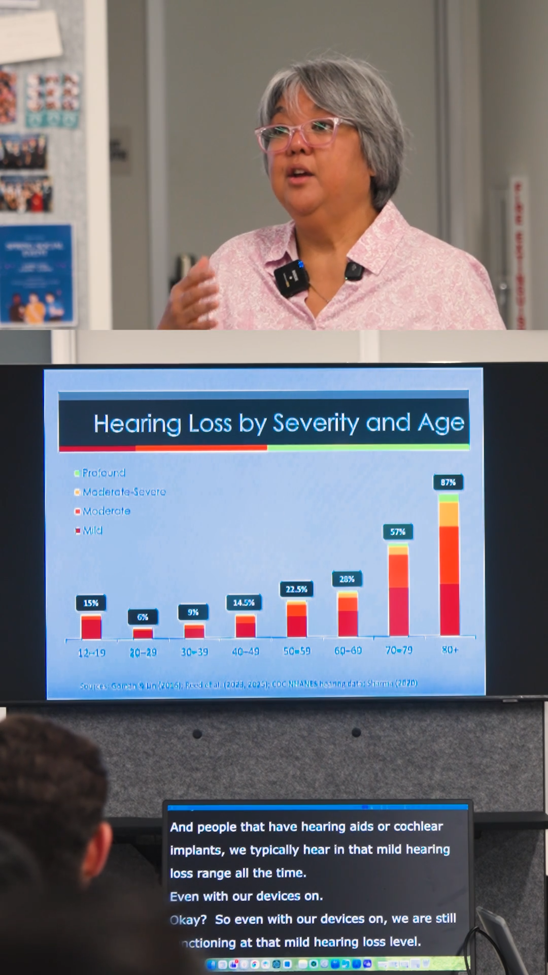 Dr. Tina Gonzales Childress, AuD, presents to the InnoCaption team about hearing loss across different age groups. A screen below her presentation displays real-time captions provided by a remote captioner through SnapCap.