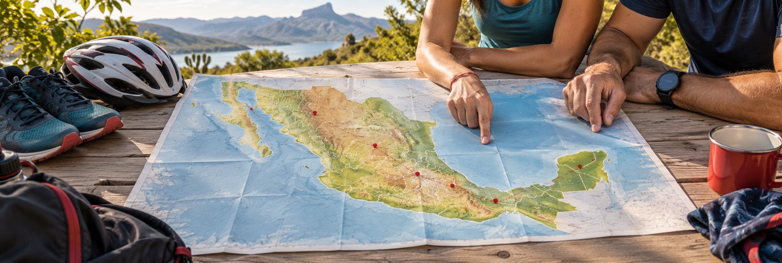 Mapa de México junto a equipo deportivo, al aire libre