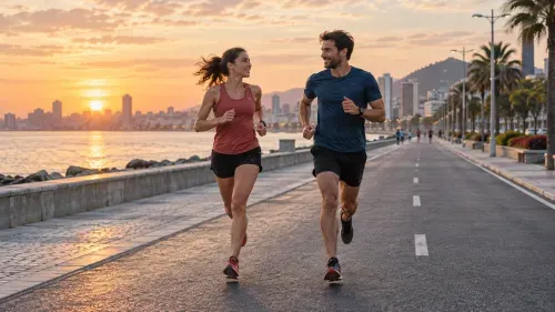 Dos corredores en una avenida urbana junto al mar. Escena ilustrativa generada por IA.
