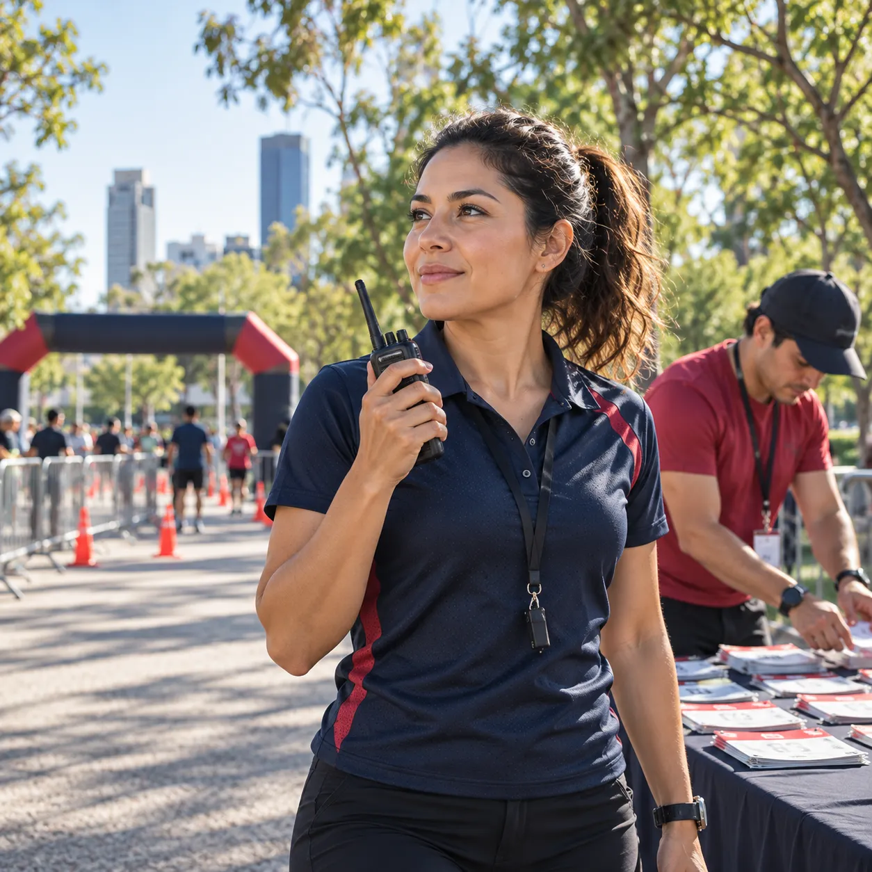 Organizadora con radio coordinando una carrera junto al área de registro.