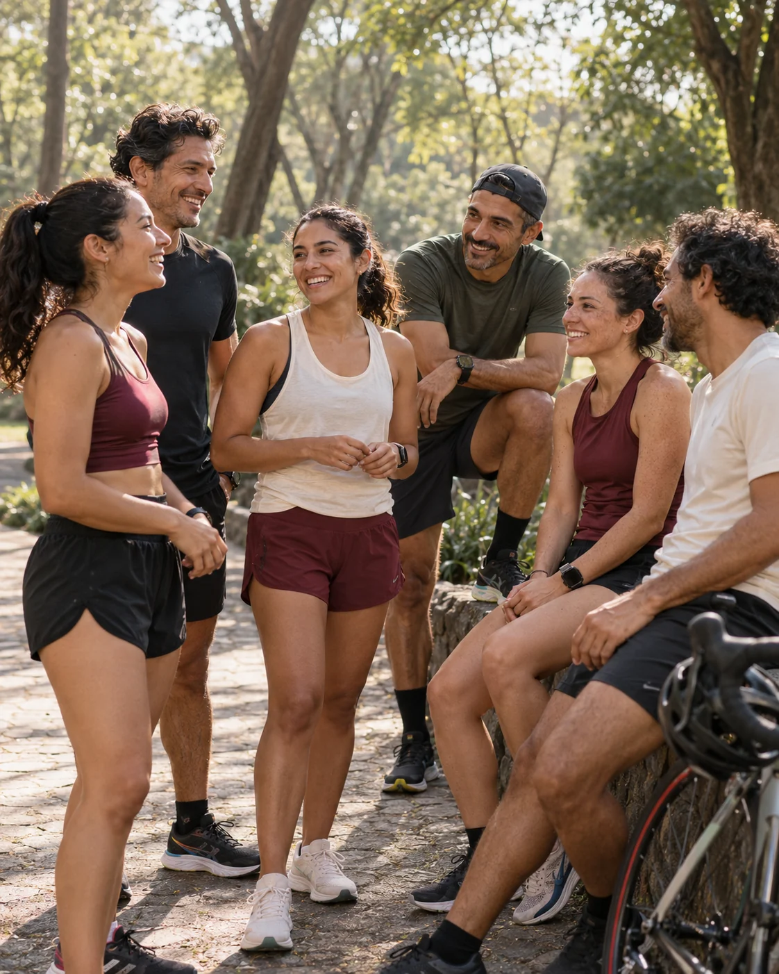 Escena ilustrativa de corredores y triatletas conversando juntos en un parque.