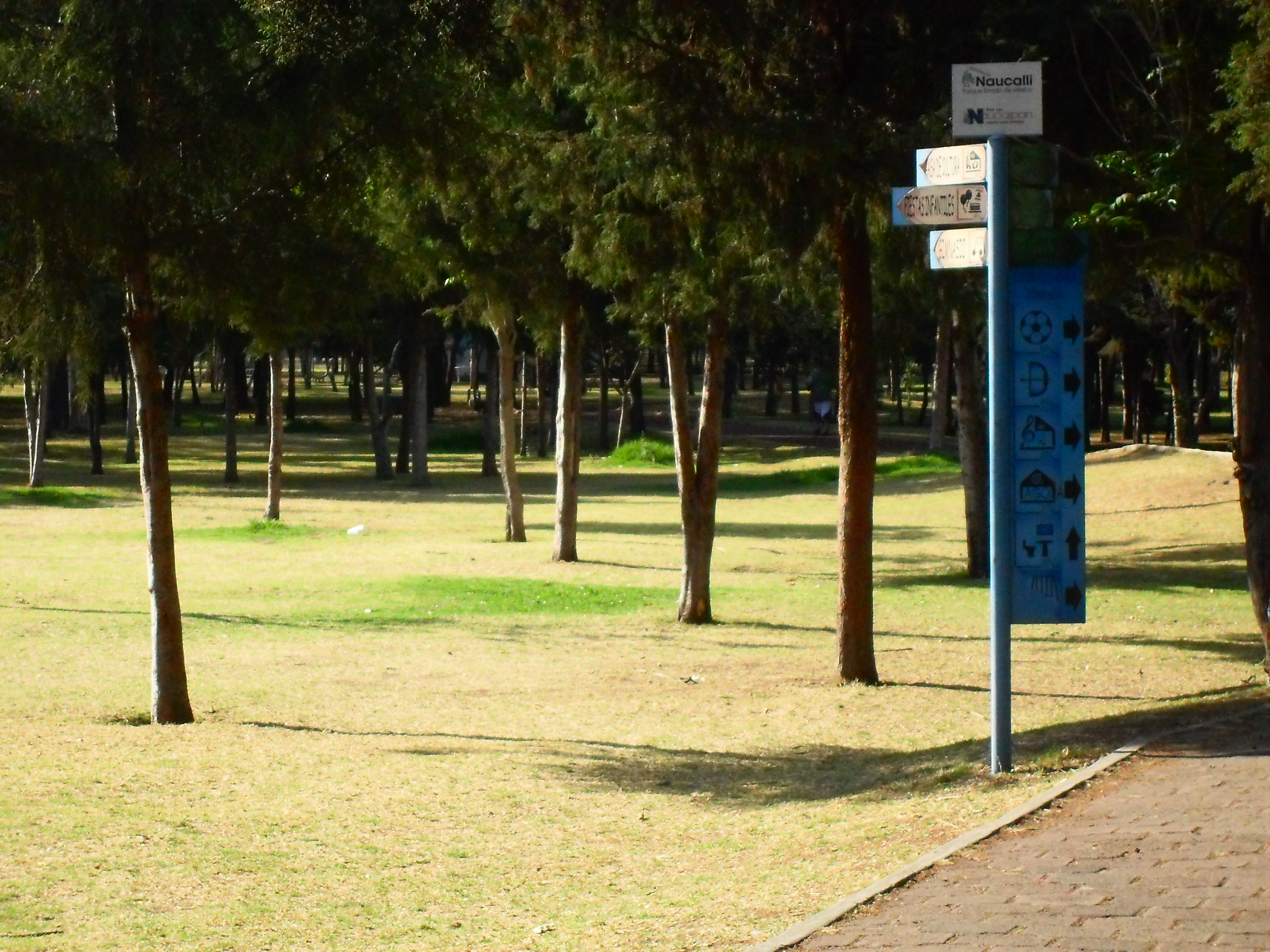 Área arbolada y señalización interior del Parque Naucalli en Naucalpan.