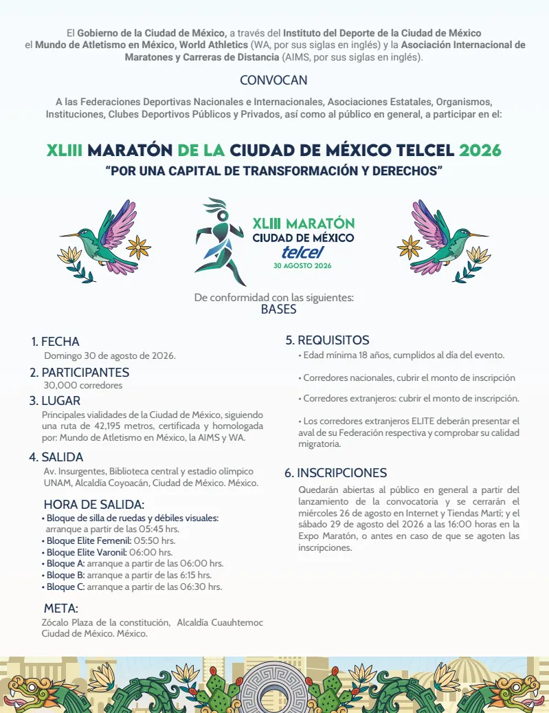 Convocatoria del XLIII Maratón de la Ciudad de México Telcel 2026