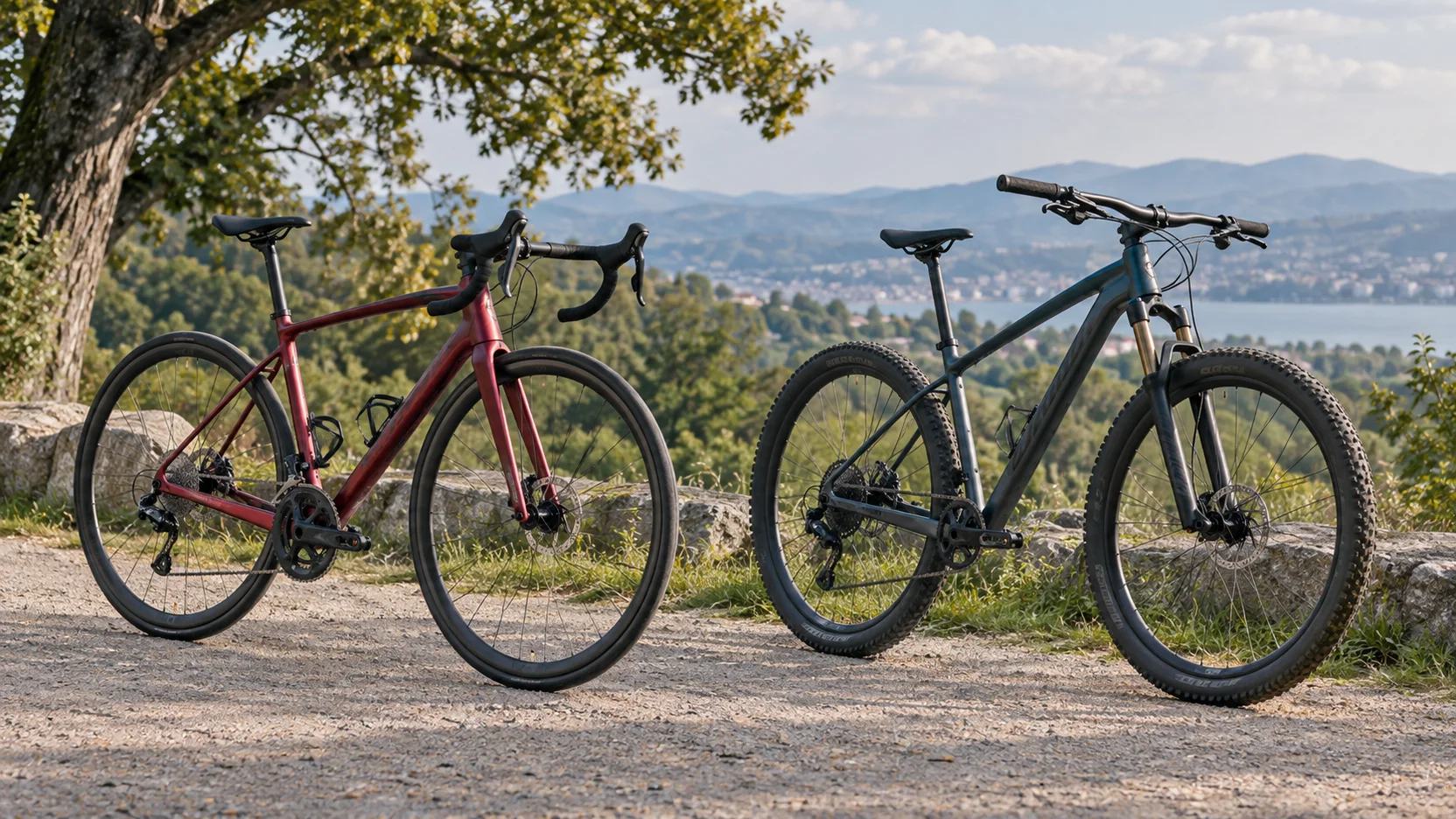 Bicicleta de ruta y bicicleta de montaña junto a un camino; escena ilustrativa generada por IA.