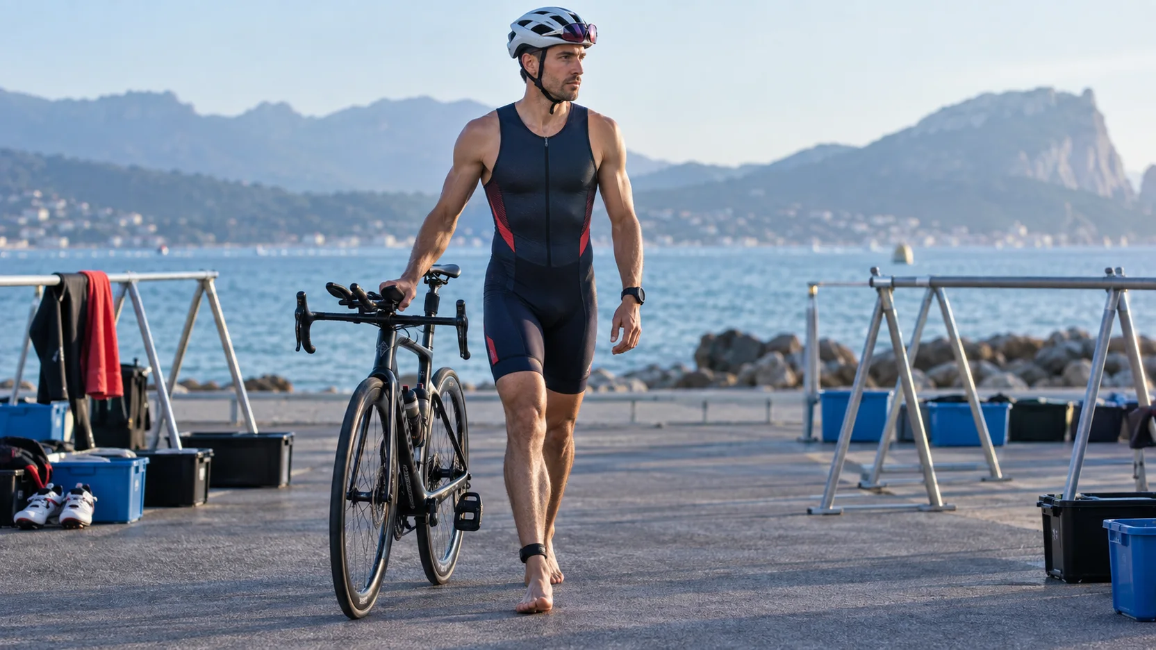 Triatleta con casco caminando junto a su bicicleta en una transición; escena ilustrativa generada por IA.
