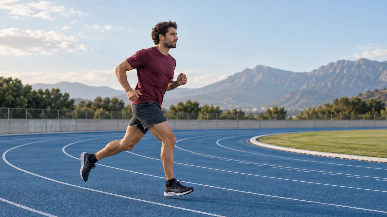 Un corredor recreativo corre en una pista azul al aire libre. Escena editorial generada por IA.