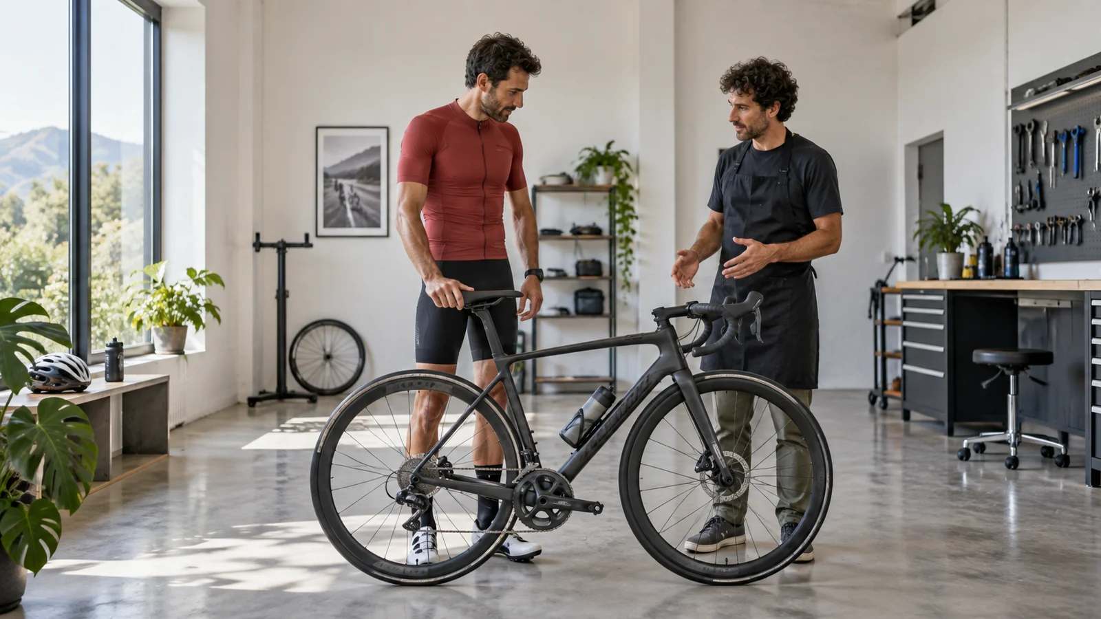 Dos personas conversan junto a una bicicleta de ruta en un taller. Escena editorial generada por IA.