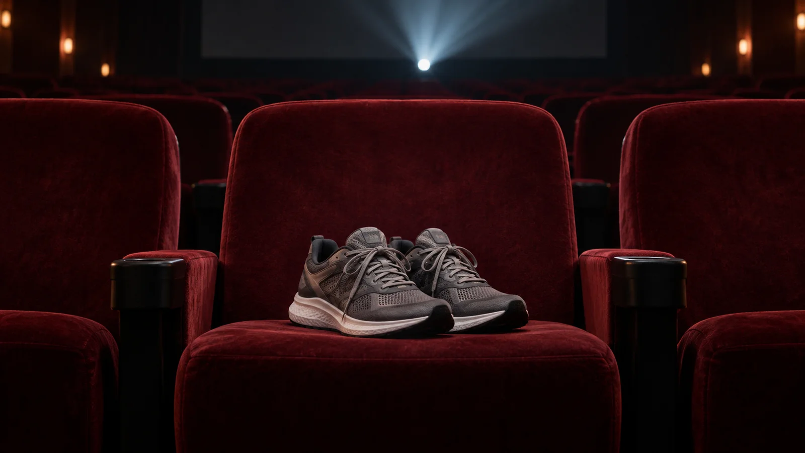 Un par de tenis para correr sobre una butaca roja de cine. Composición original generada por IA.