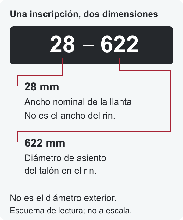 Diagrama de la inscripción 28-622: 28 indica ancho nominal y 622 diámetro de asiento del talón, ambos en milímetros.