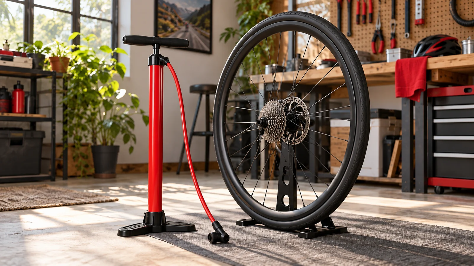Una bomba de piso roja junto a una rueda de bicicleta. Composición generada por IA.