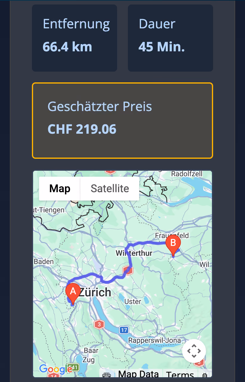 Google Map Ausschnitt von Buchungs-App mit App Gen von Webflow für Privat-Chauffeur 