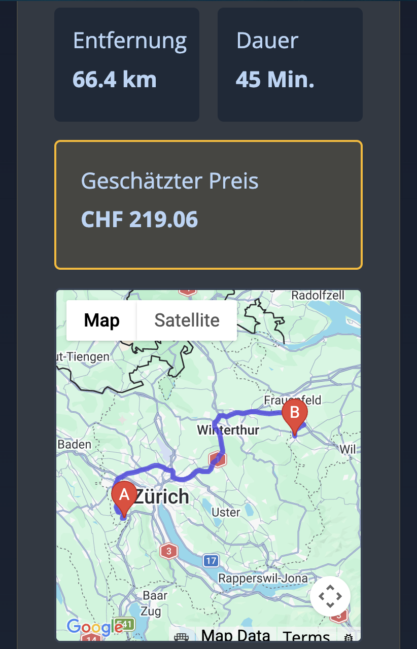 Google Map Ausschnitt von Buchungs-App mit App Gen von Webflow für Privat-Chauffeur