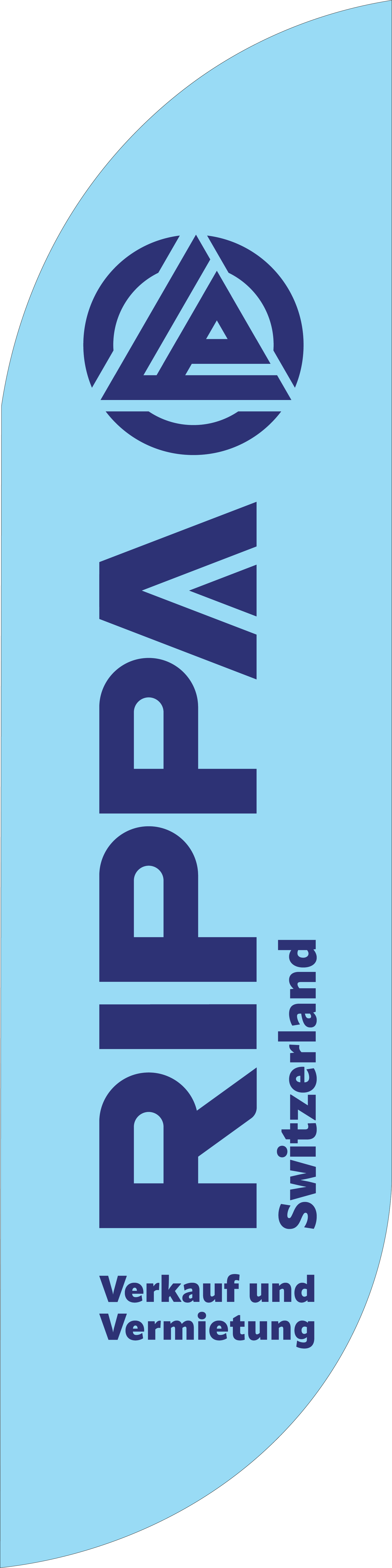 Hellblaue Beachflag mit dunkelblauem Rippa Logo und Text: Rippa Switzerland Verkauf und Vermietung.