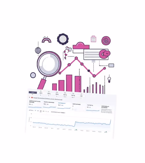 Grafik-Mosaik aus Illustrationen rund um SEO Tools
