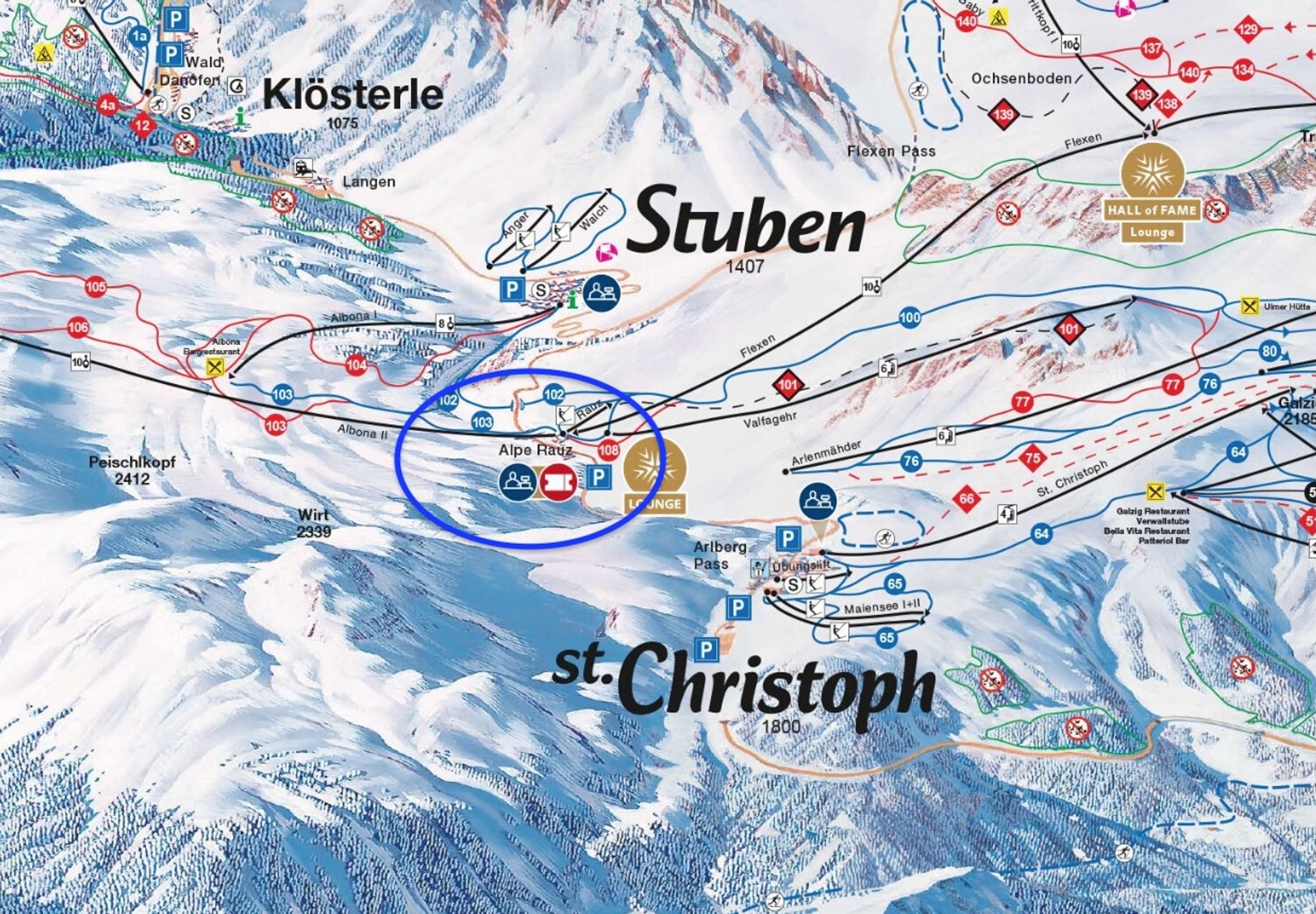 Alpe Rauz ligt tussen Stuben en St. Chriptophe am Arlberg
