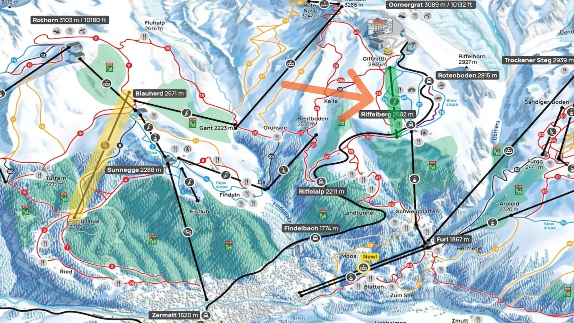 Green: the new Riffelberg-Gifthittli. Yellow: the planned replacement of Patrullarve-Blauherd.