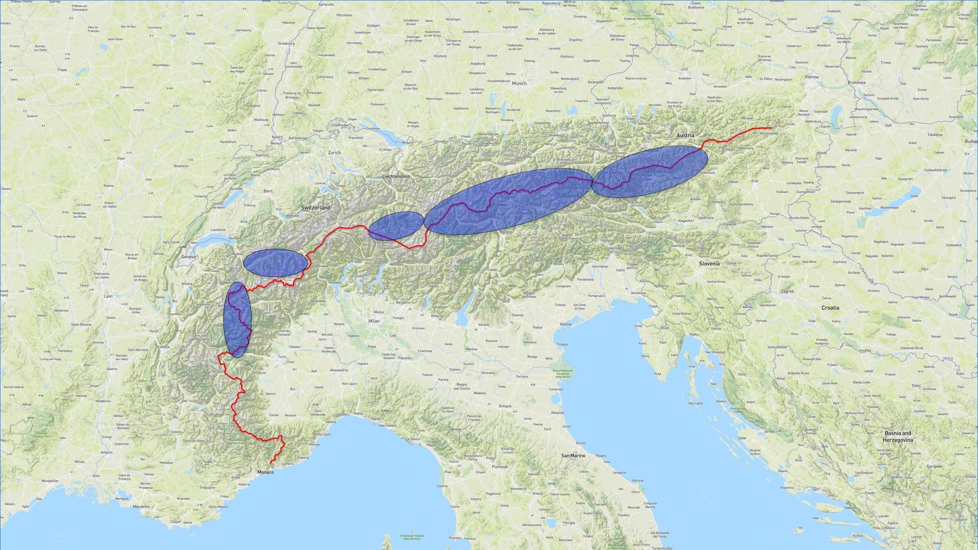 Indicatief kaartje met inneralpiene skigebieden