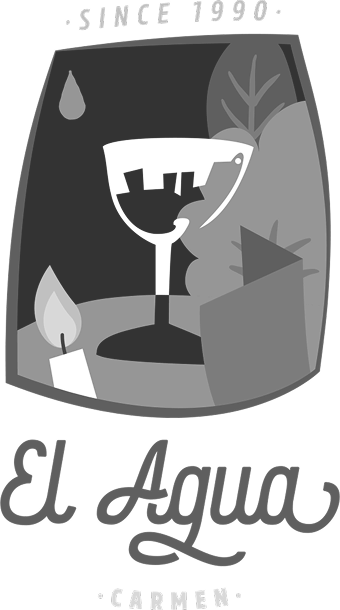 Black and white logo featuring a stylized wine glass, a candle flame, a leaf, and the text 'Since 1990 El Agua Carmen'.