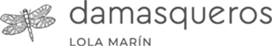 Damasqueros logo with a stylized dragonfly icon and the text 'damasqueros' above 'LOLA MARÍN'.