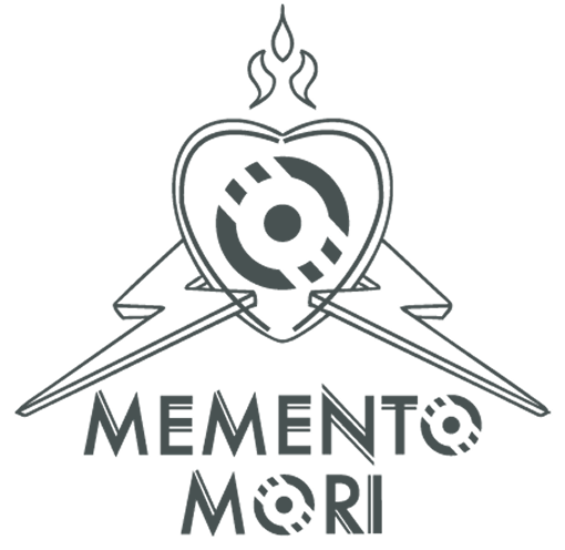 Logo featuring a heart with a circular pattern inside, topped by a flame, and two lightning bolts crossing behind it above the words 'Memento Mori'.