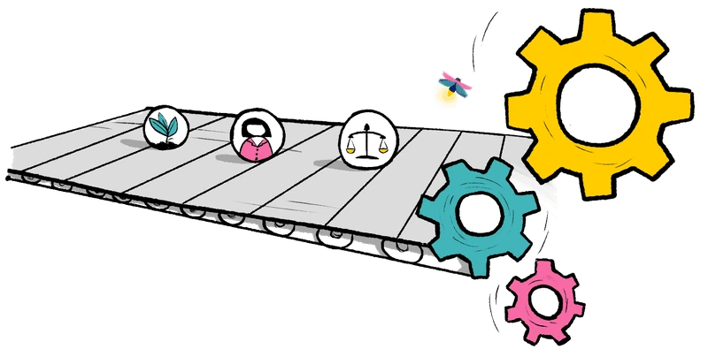 Conveyor belt with icons feeding into colorful gears