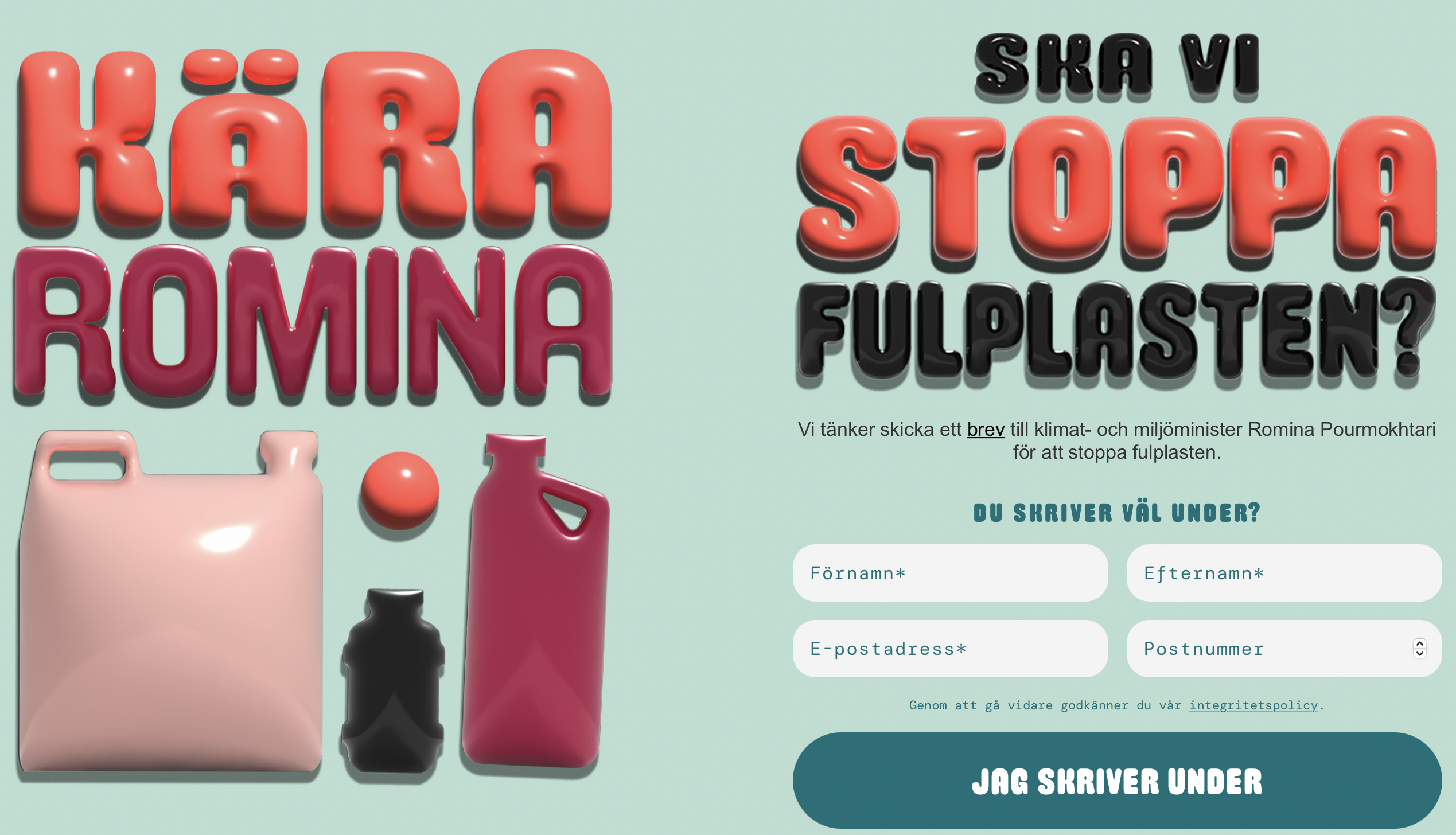 Bild från hemsidan där det står "Kära Romina ska vi stoppa fulplasten" i glansiga 3D-bokstäver och ett formulär man kan fylla i med sitt namn