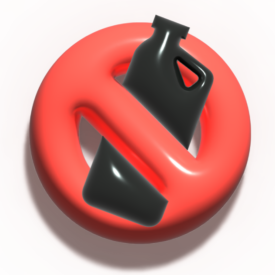 En röd förbjuden-symbol med en svart plastflaska i mitten