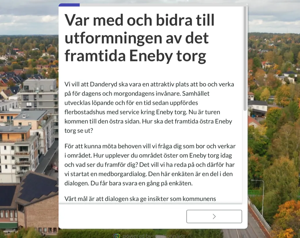 Aerial view of a residential area with lush greenery beside a digital window displaying Swedish text about contributing to the future design of Eneby Square.