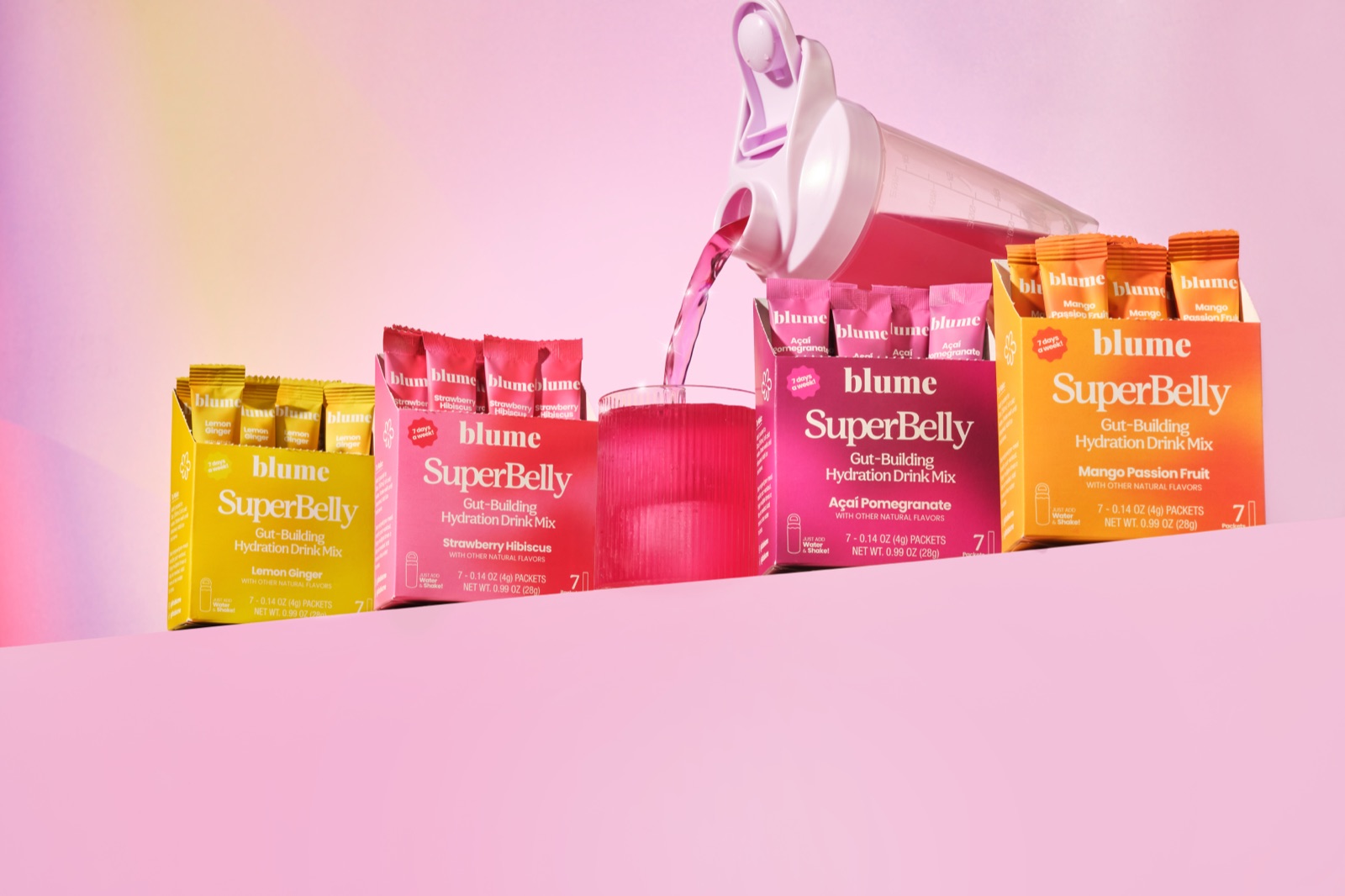 Blume SuperBelly hydration drink mix carton lineup